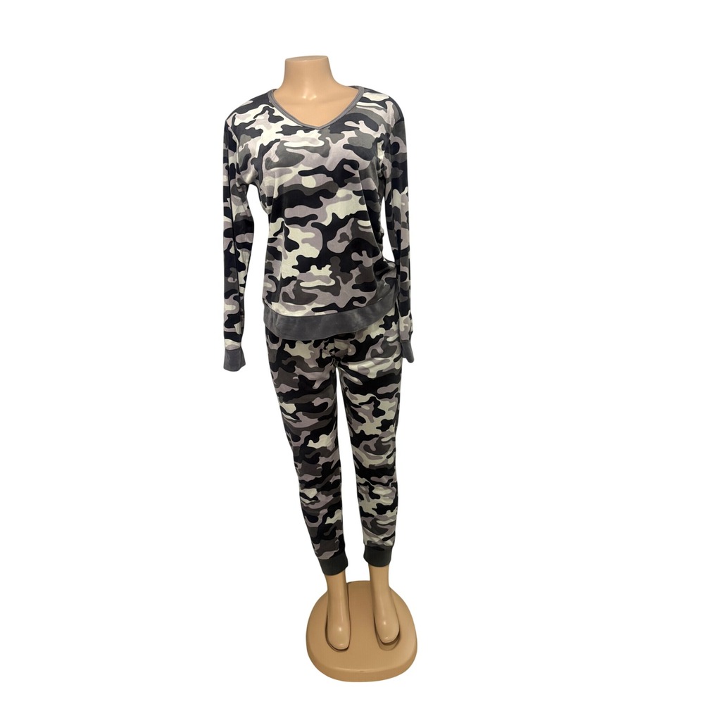 Womens Gray Camouflage Lounge Set V-Neck Top and Jogger Pants 2 Piece Camo M